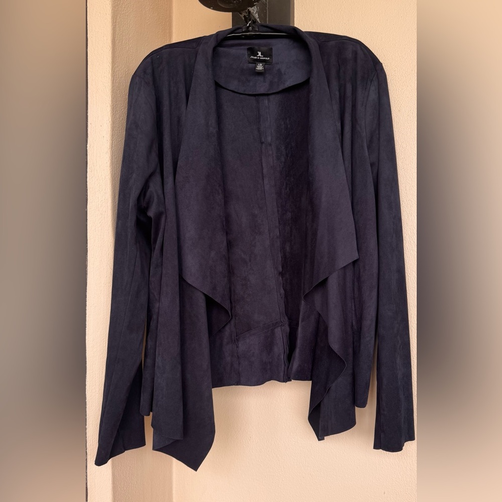 Jules & Leopold Waterfall Front Blazer Navy Poly/Spandex Blend 3/4 Sleeve Large